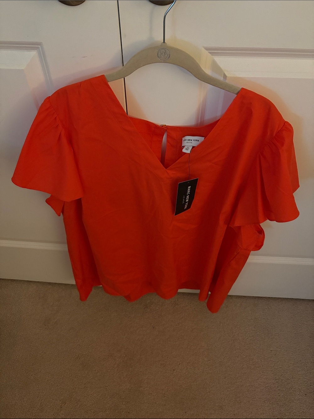 Marc New York Bright Orange V-Neck Flutter Sleeve Blouse